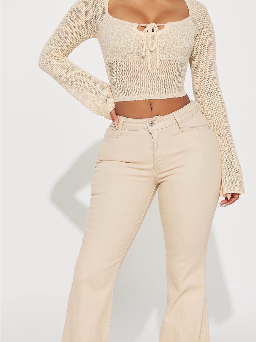 Fashion Nova Cream Knit Tie-Front Long Sleeve Crop Top